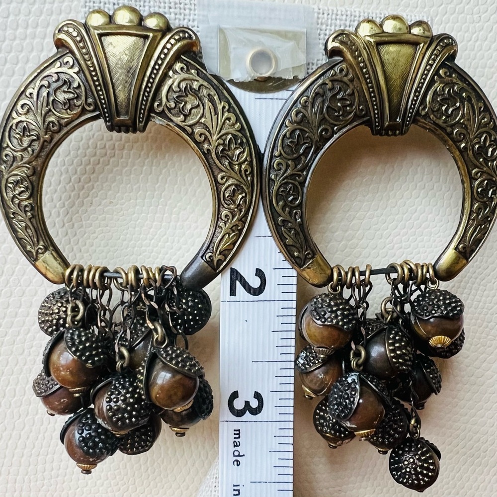 Vintage Brass and Brown Dangle Earrings. Clip on. 1980s